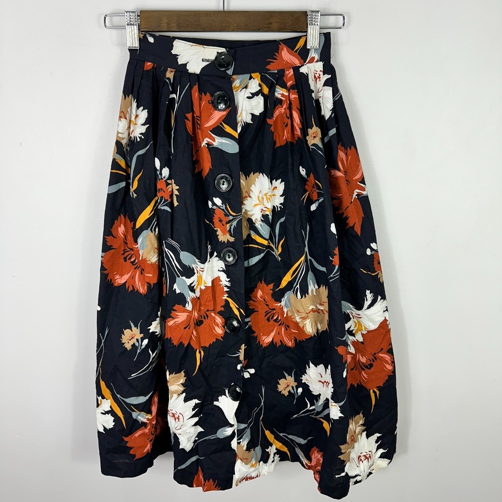 Vintage Floral Midi Skirt Womens 3/4 Navy Blue Button Front Pleated Boho Retro